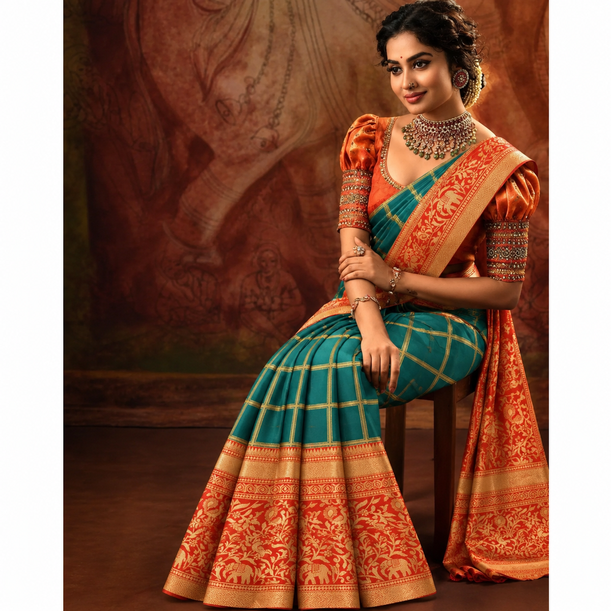 Orange & Teal Silk Saree