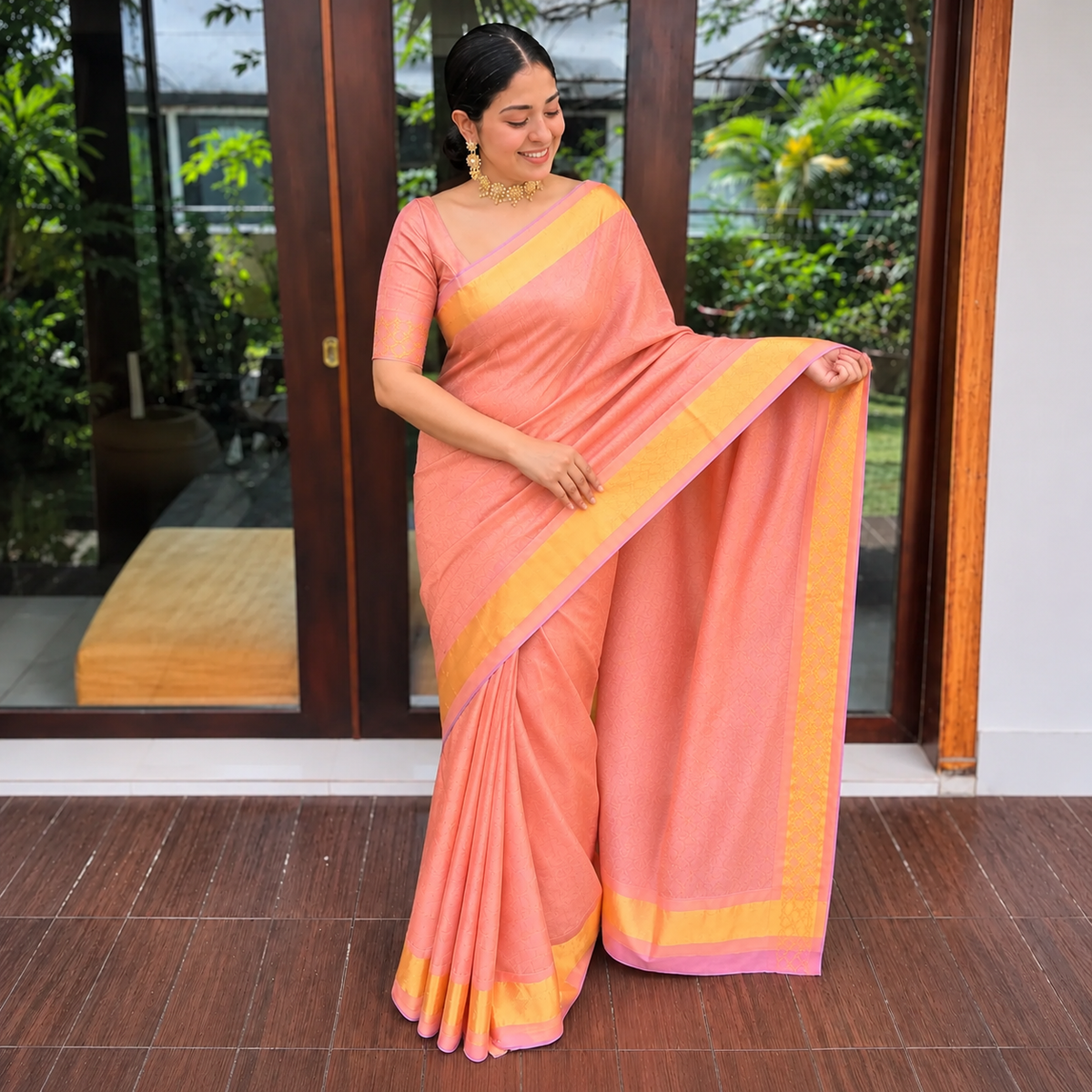 Peach Blossom Litchi Silk Saree