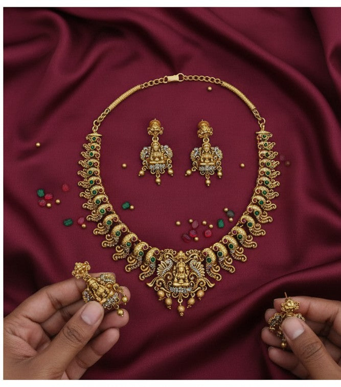 Temple Jewellery Necklace Set with Peacock Motifs