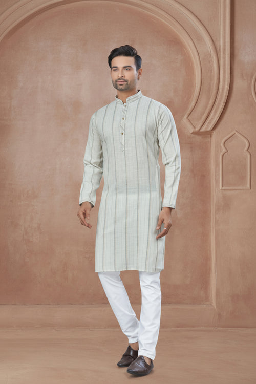 Blue Beige Strip Cotton Kurta Set