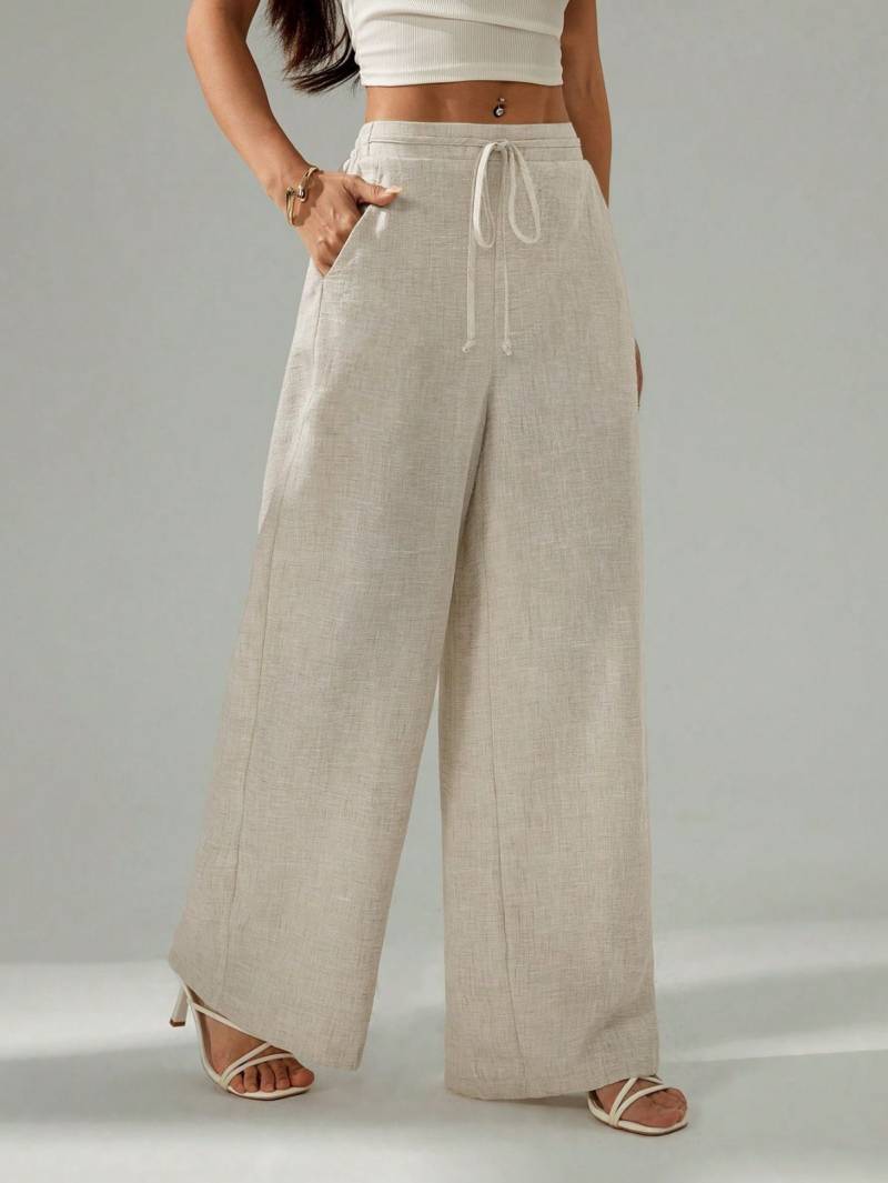 Beige Wide-Leg Linen Blend Pants