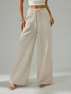 Beige Wide-Leg Linen Blend Pants