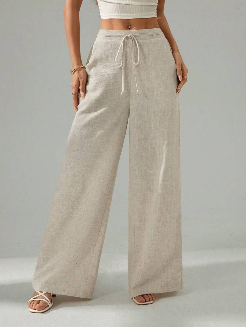 Beige Wide-Leg Linen Blend Pants