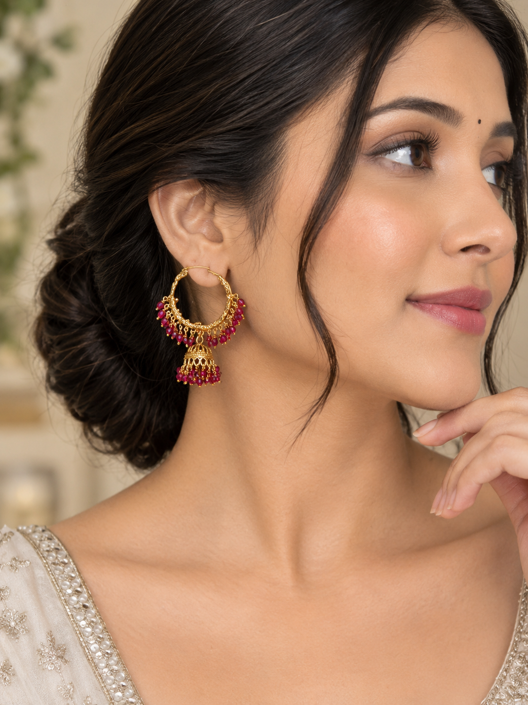 Golden Pearl Jhumka Hoop Earrings