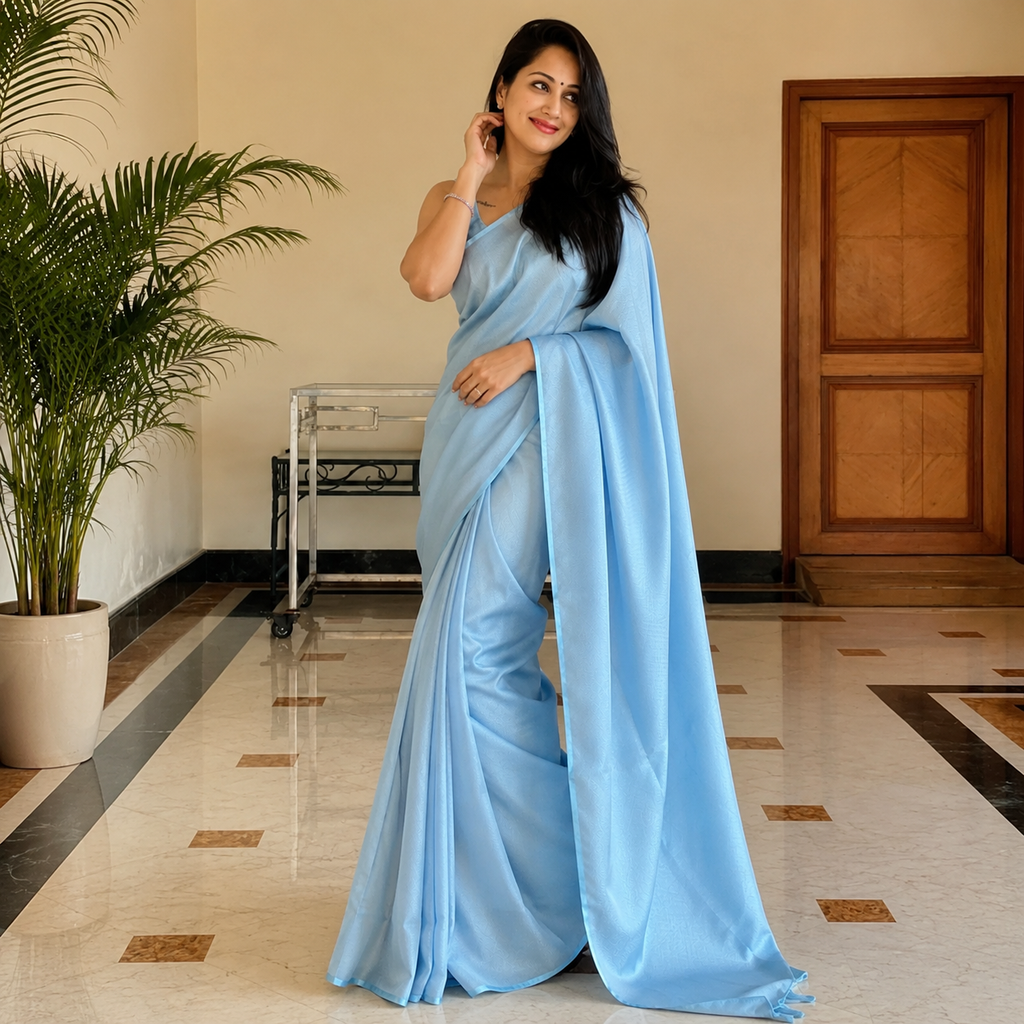 Powder Blue Lichi Silk Saree