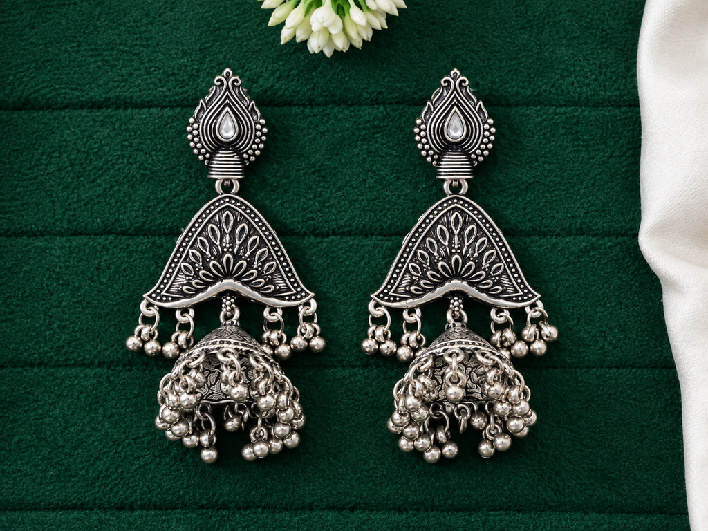 Oxidized Silver Jhumka Earrings