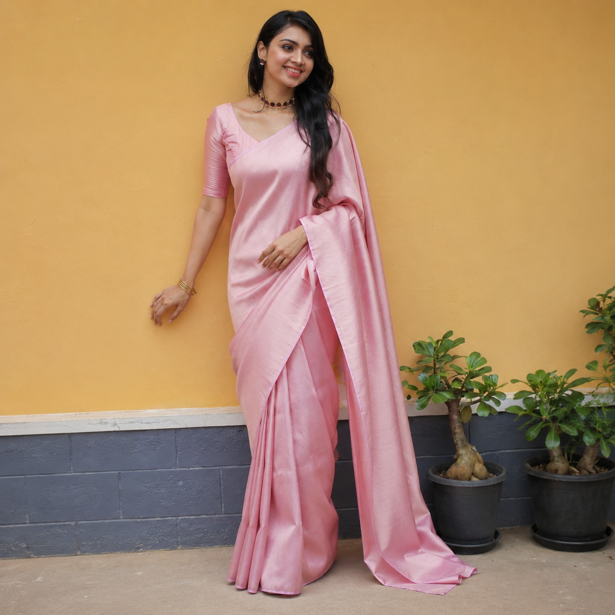 Light Pink Litchi Silk Saree