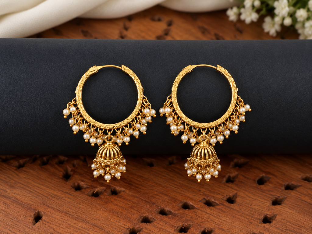 Golden Pearl Jhumka Hoop Earrings