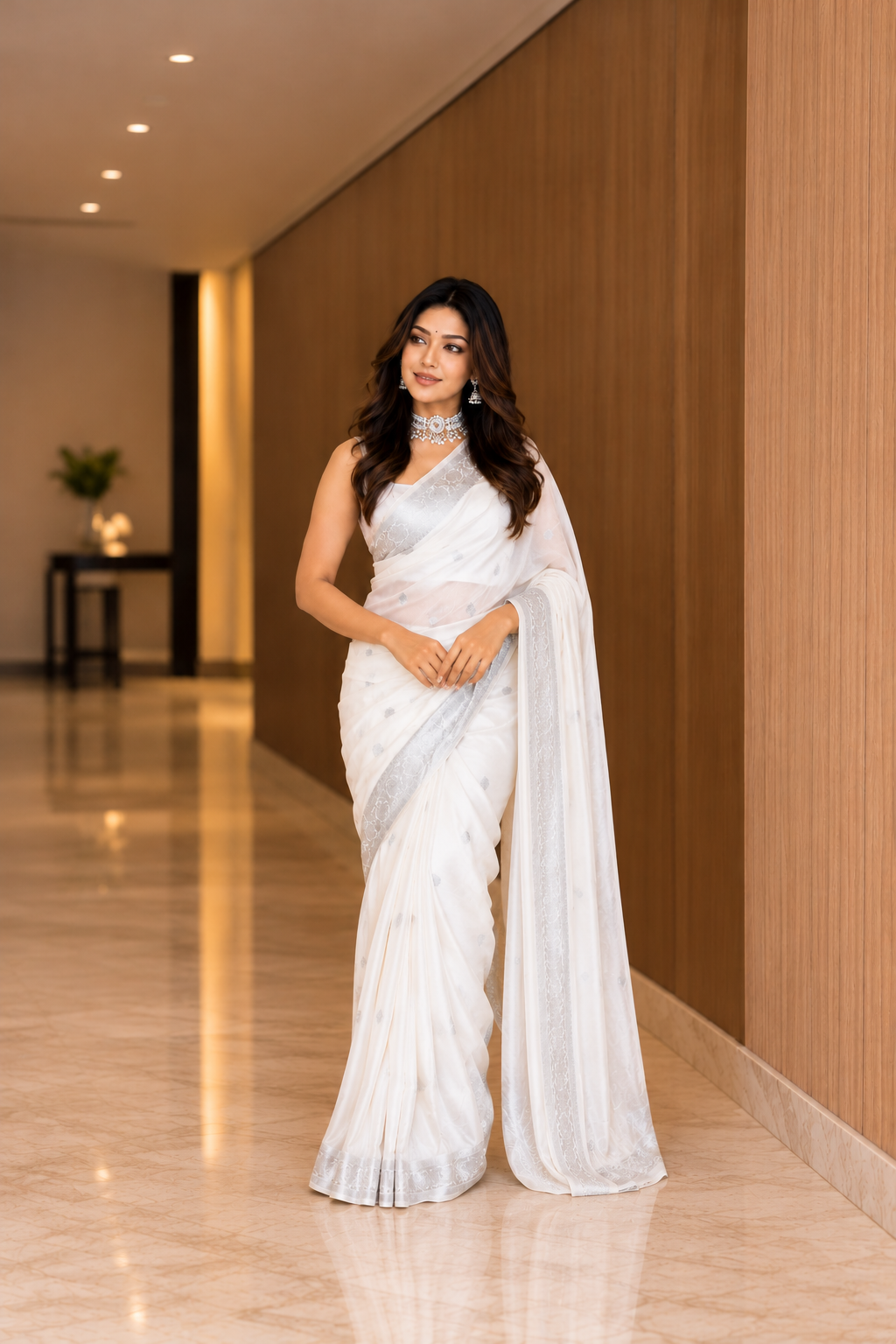Elegant White Litchi Silk Saree