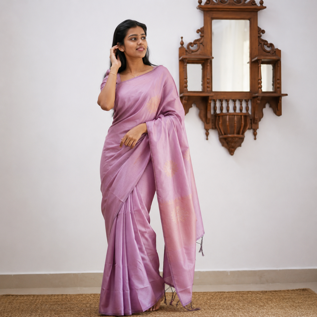 Mauve Pink Lichi Silk Saree