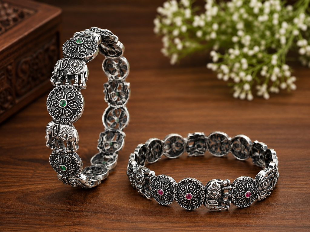 Heritage Elephant Oxidized Silver Bracelet