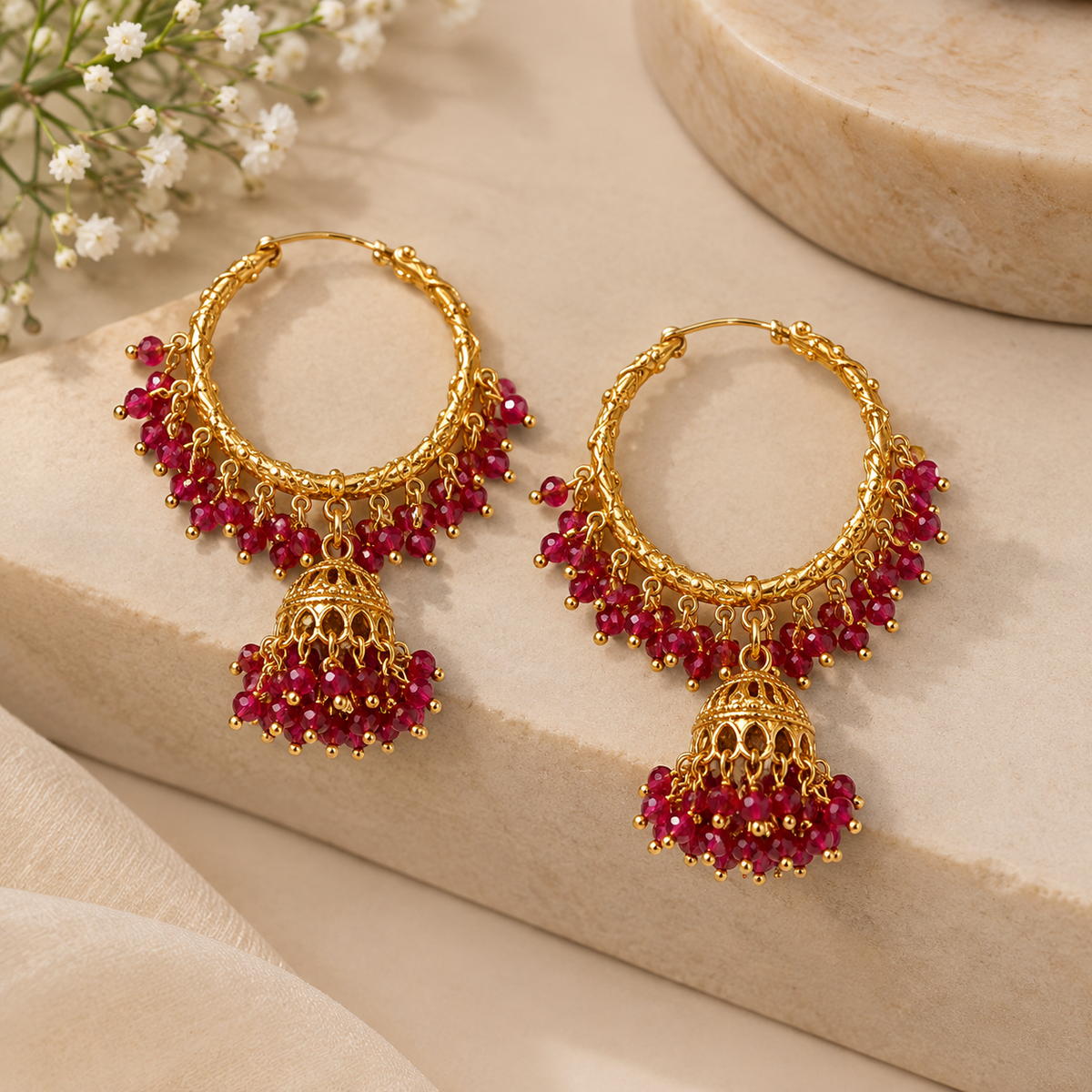 Golden Pearl Jhumka Hoop Earrings