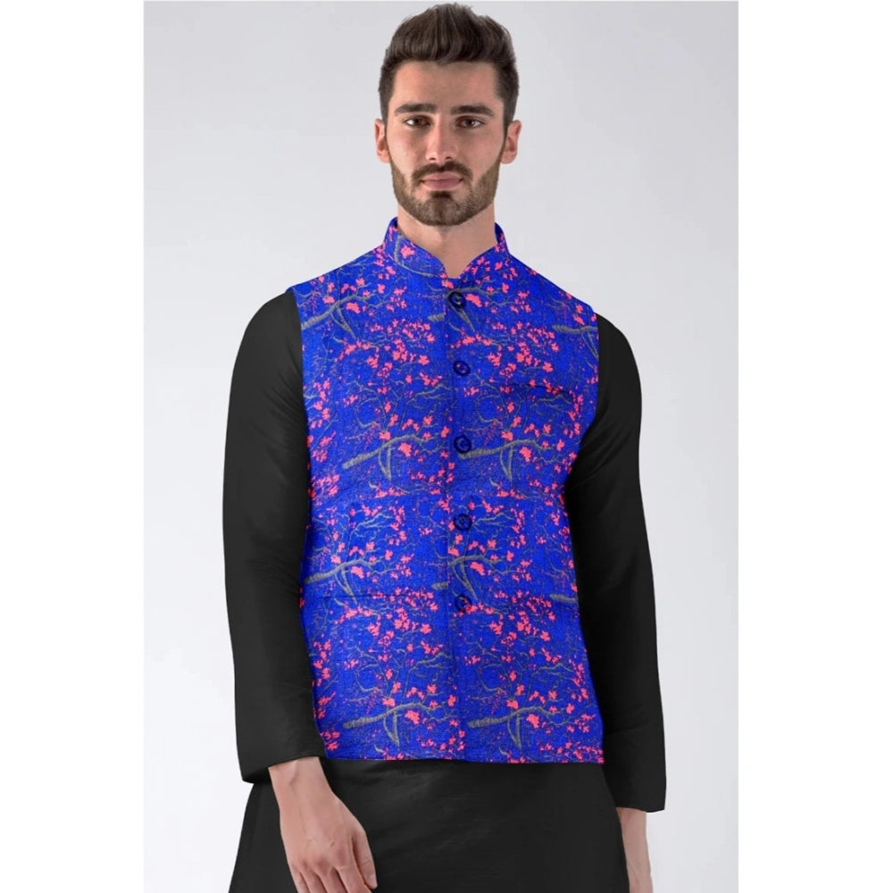 Black Kurta with Printed Blue Waistcoat