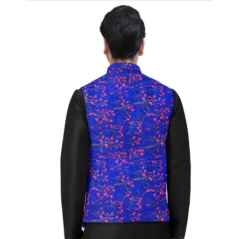 Black Kurta with Printed Blue Waistcoat