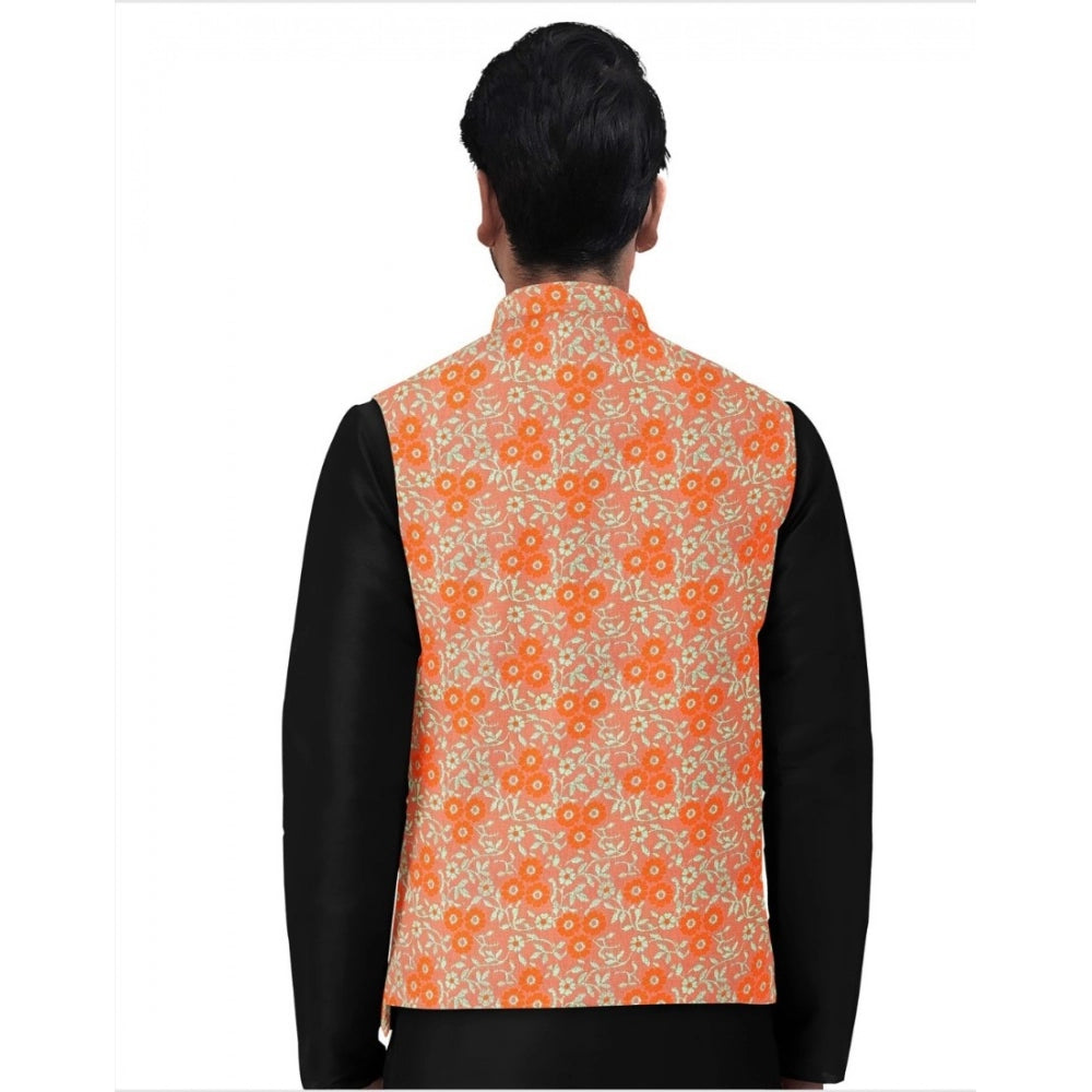 Orange Jacquard Printed Waistcoat