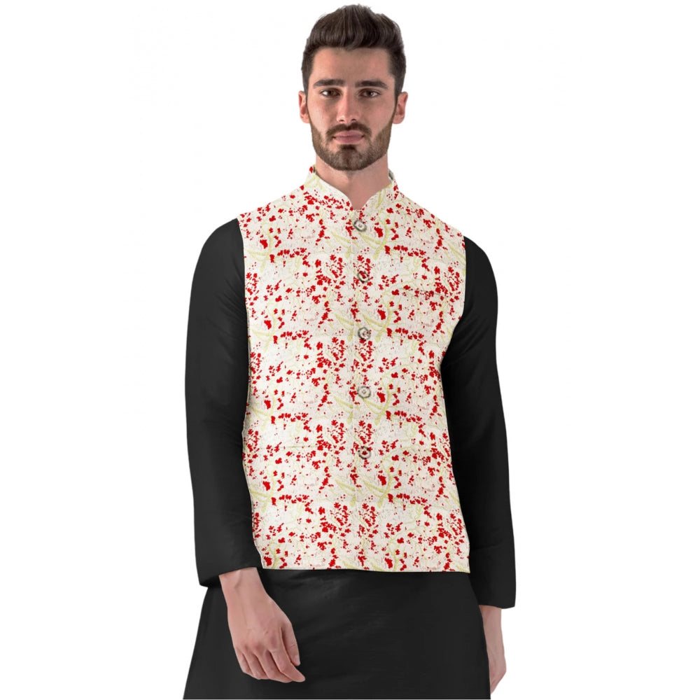 Red-Beige Jacquard Printed Waistcoat