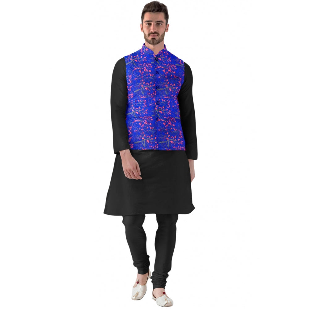 Black Kurta with Printed Blue Waistcoat