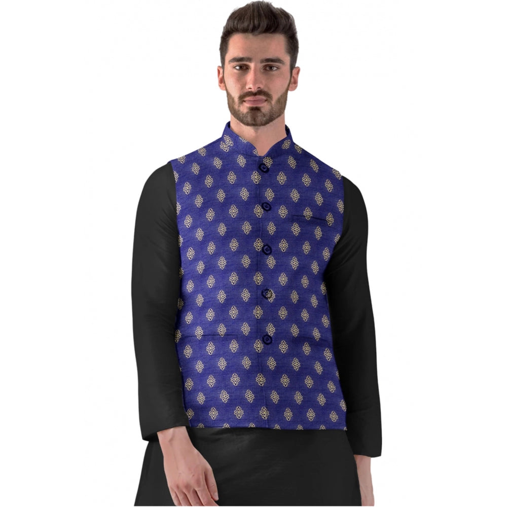 Blue Printed Ethnic Waistcoat for Men