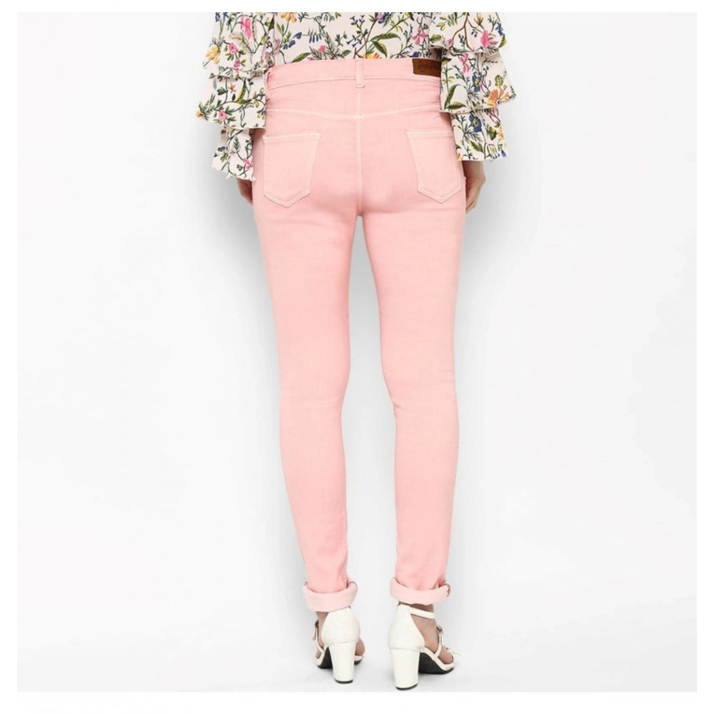 Women's Pink Solid Buttoned Jeans