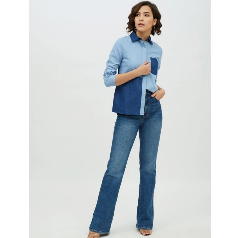 Women's Blue Patchwork Denim Shirt