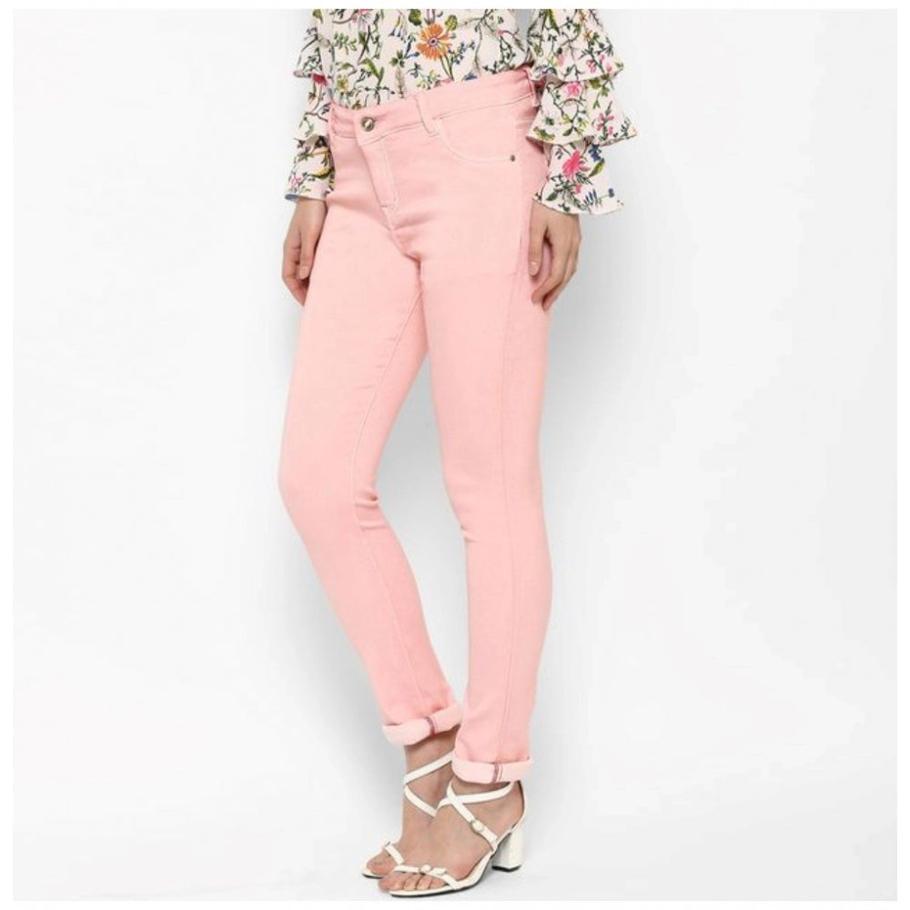 Women's Pink Solid Buttoned Jeans