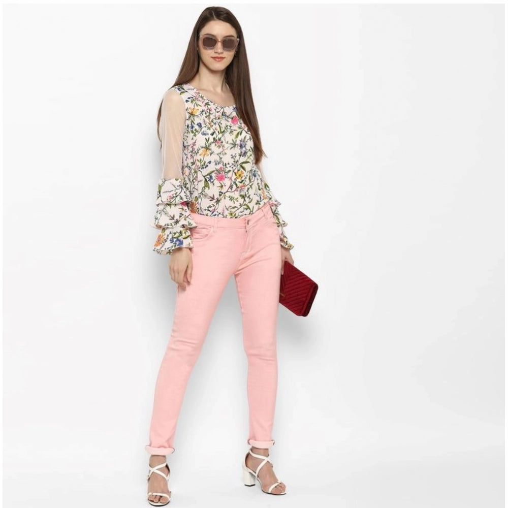 Women's Pink Solid Buttoned Jeans