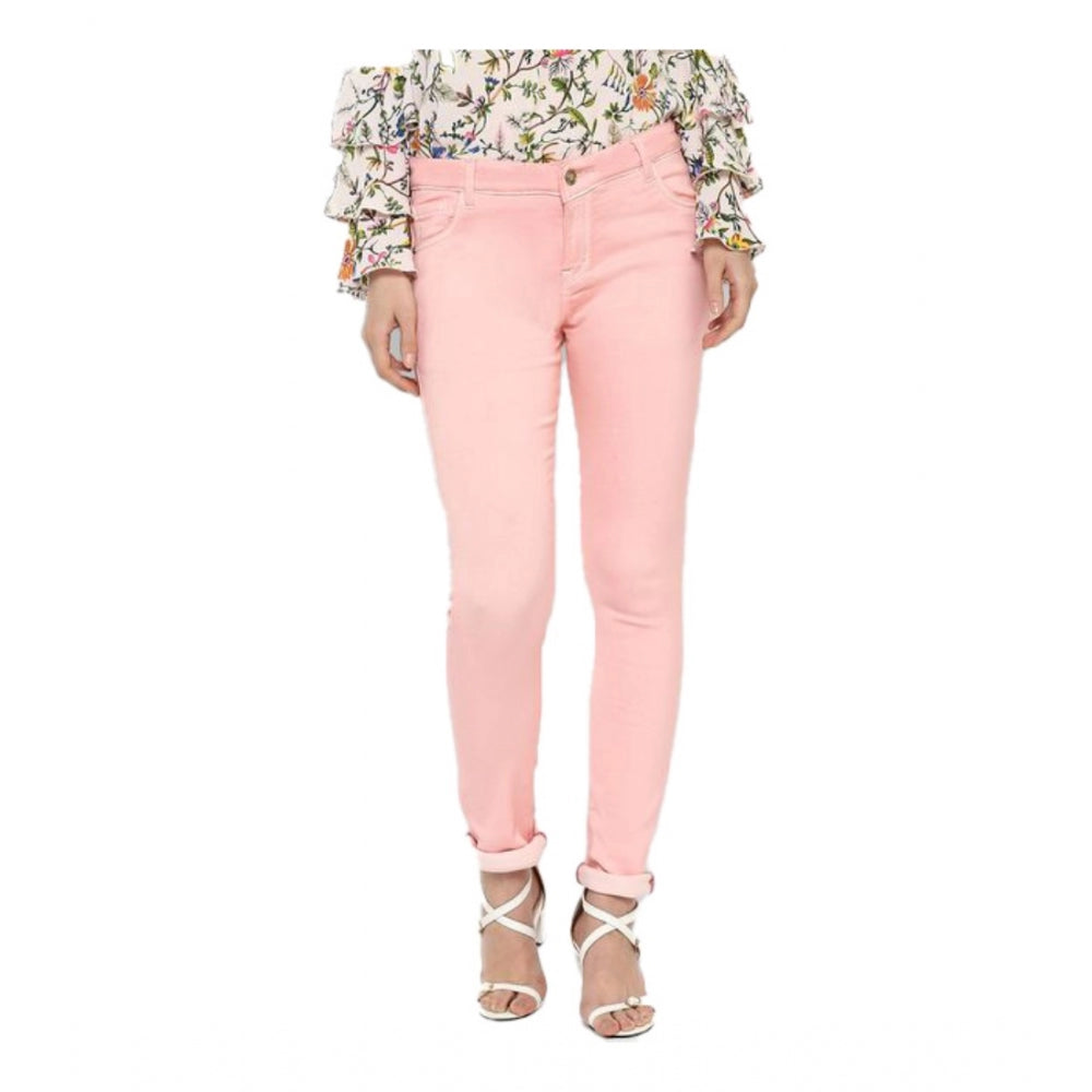 Women's Pink Solid Buttoned Jeans