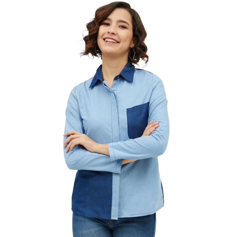 Women's Blue Patchwork Denim Shirt