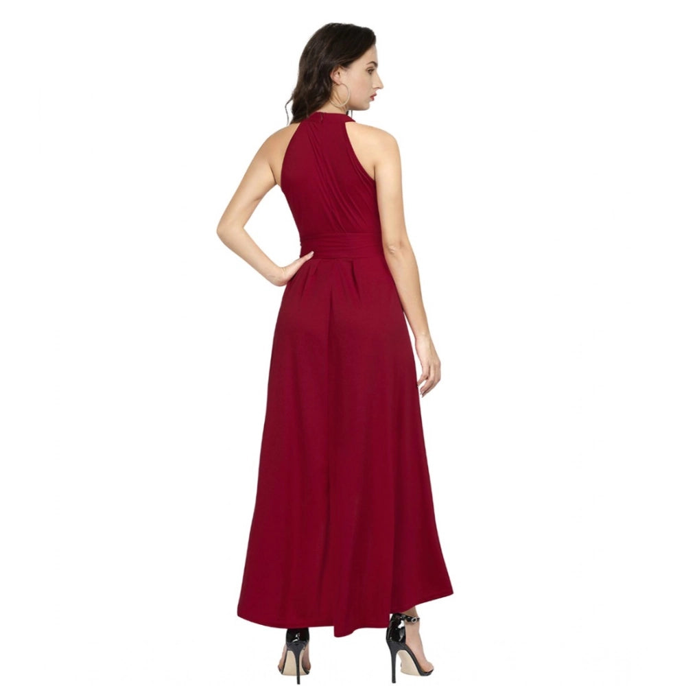 Elegant Solid Maroon Halter Dress