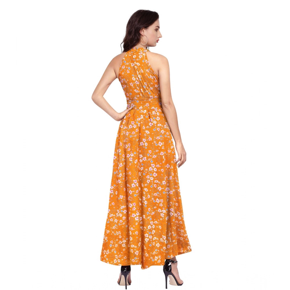 Elegant Floral Yellow Halter Dress
