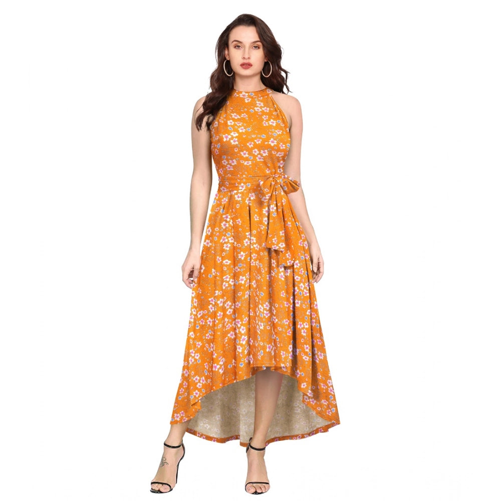 Elegant Floral Yellow Halter Dress