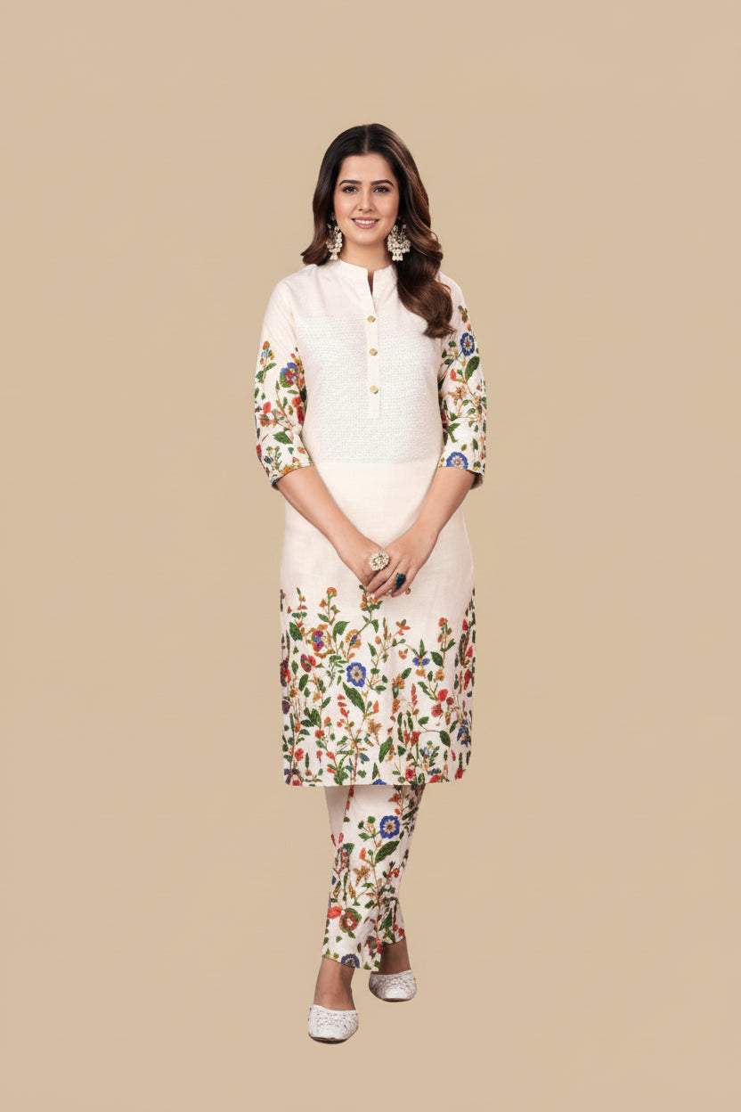 Cream Printed Cotton Kurti Set