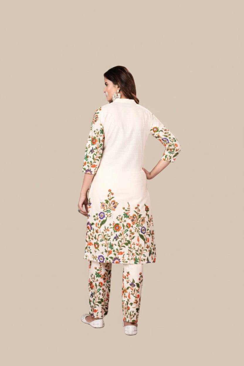 Cream Printed Cotton Kurti Set