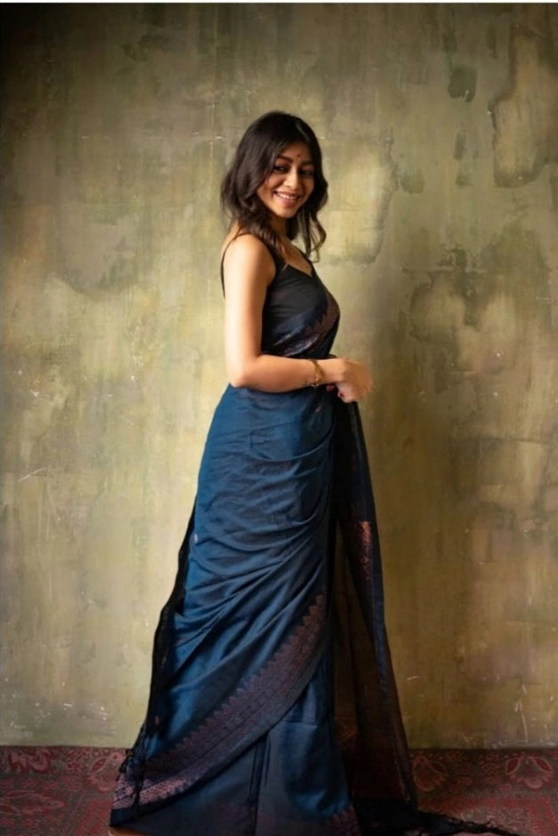 Navy Blue Silk Printed Saree
