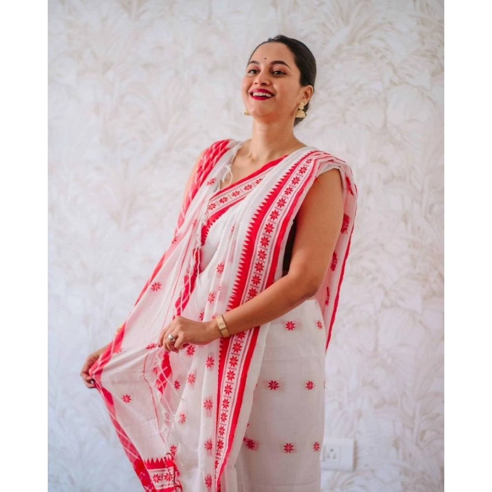 White & Pink Cotton Printed Saree