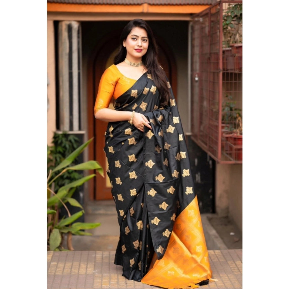 Black & Yellow Silk Printed Saree
