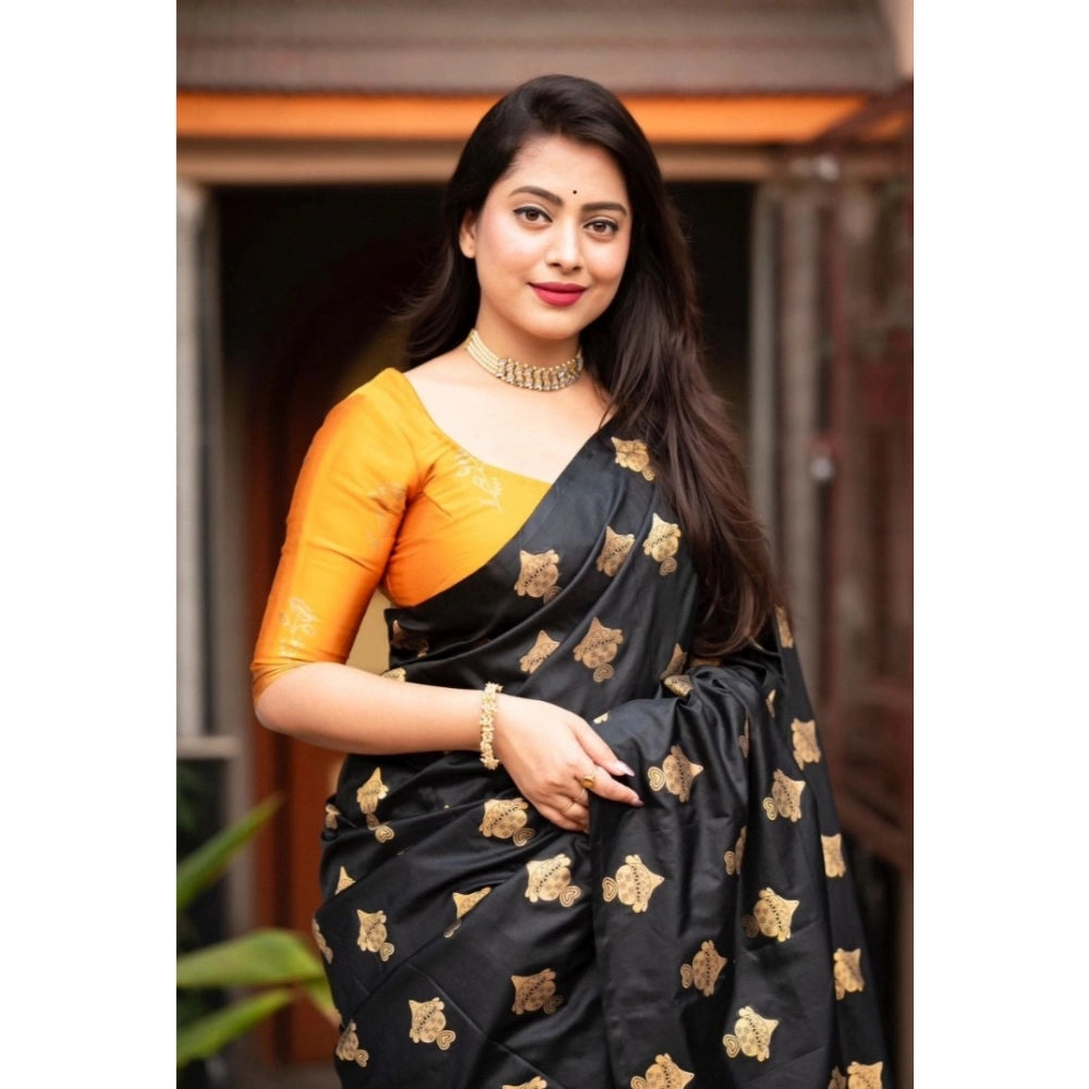 Black & Yellow Silk Printed Saree