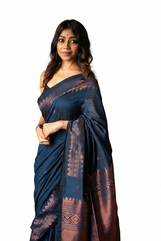 Navy Blue Silk Printed Saree