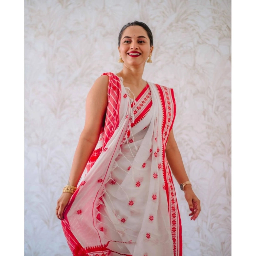 White & Pink Cotton Printed Saree