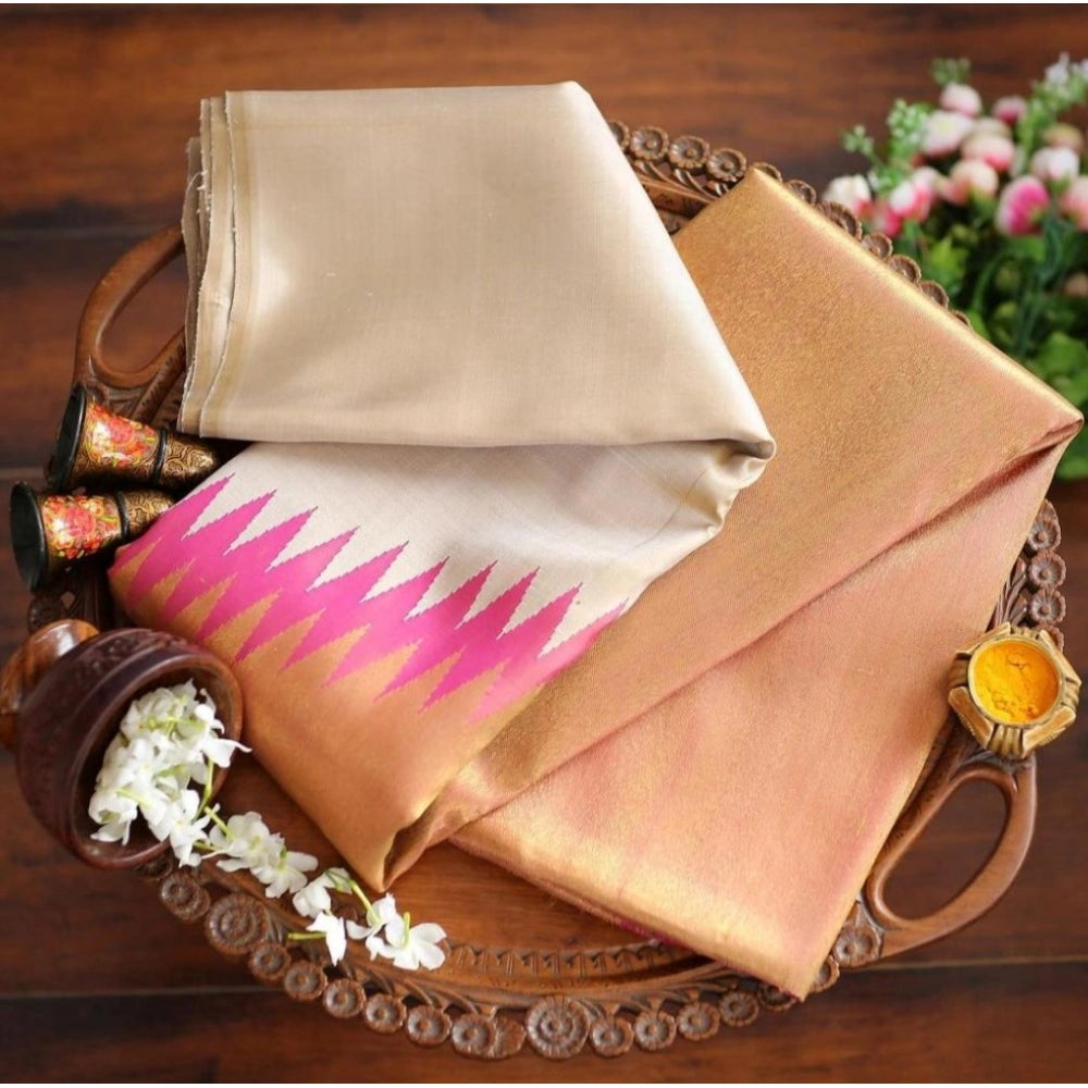 Cream & Pink Silk Saree