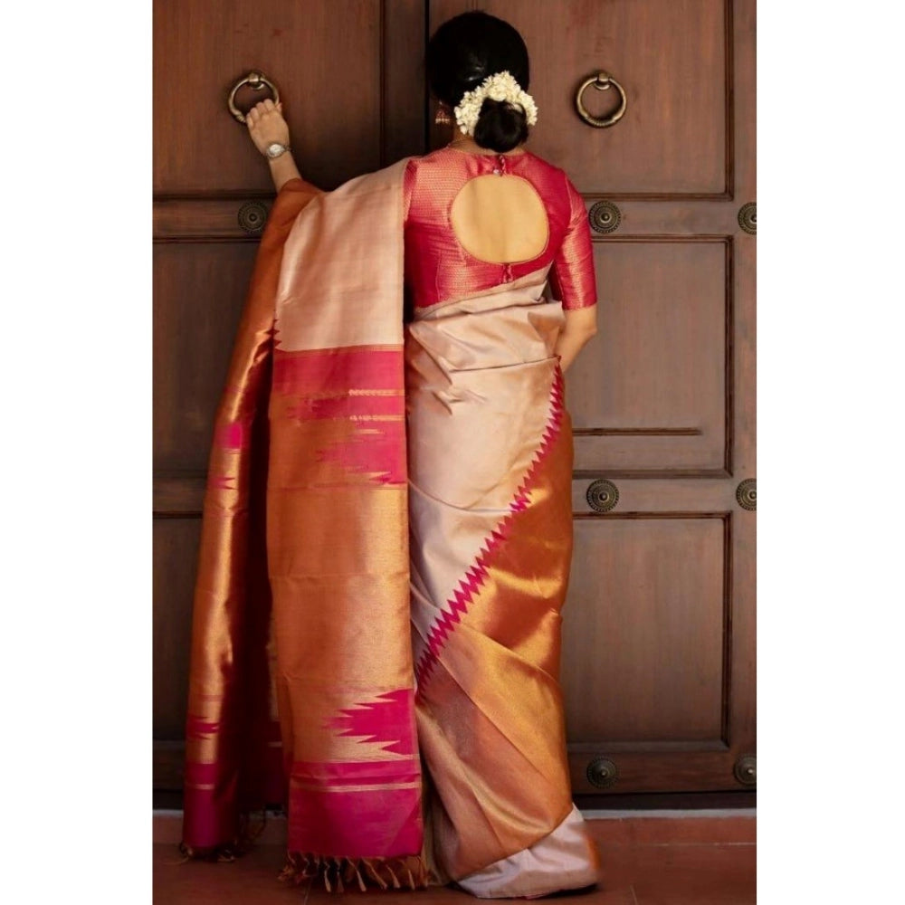 Cream & Pink Silk Saree