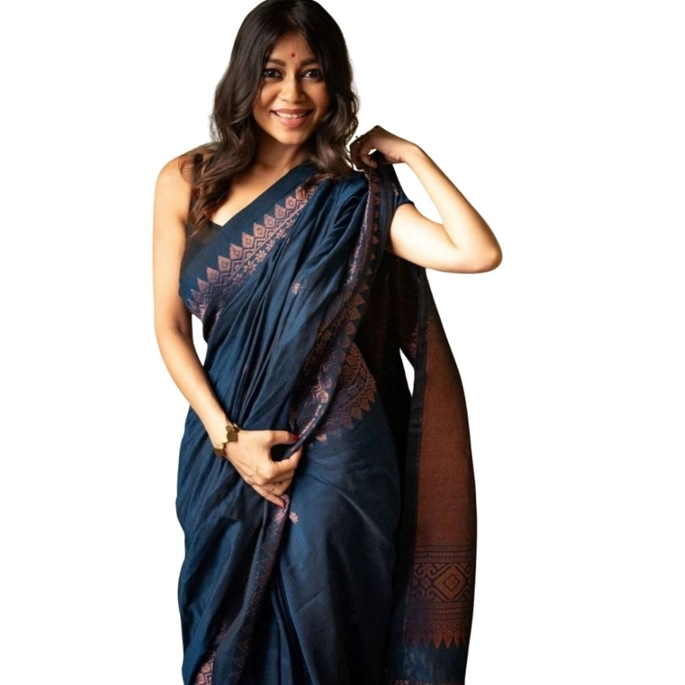 Navy Blue Silk Printed Saree