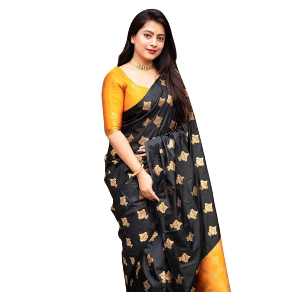 Black & Yellow Silk Printed Saree