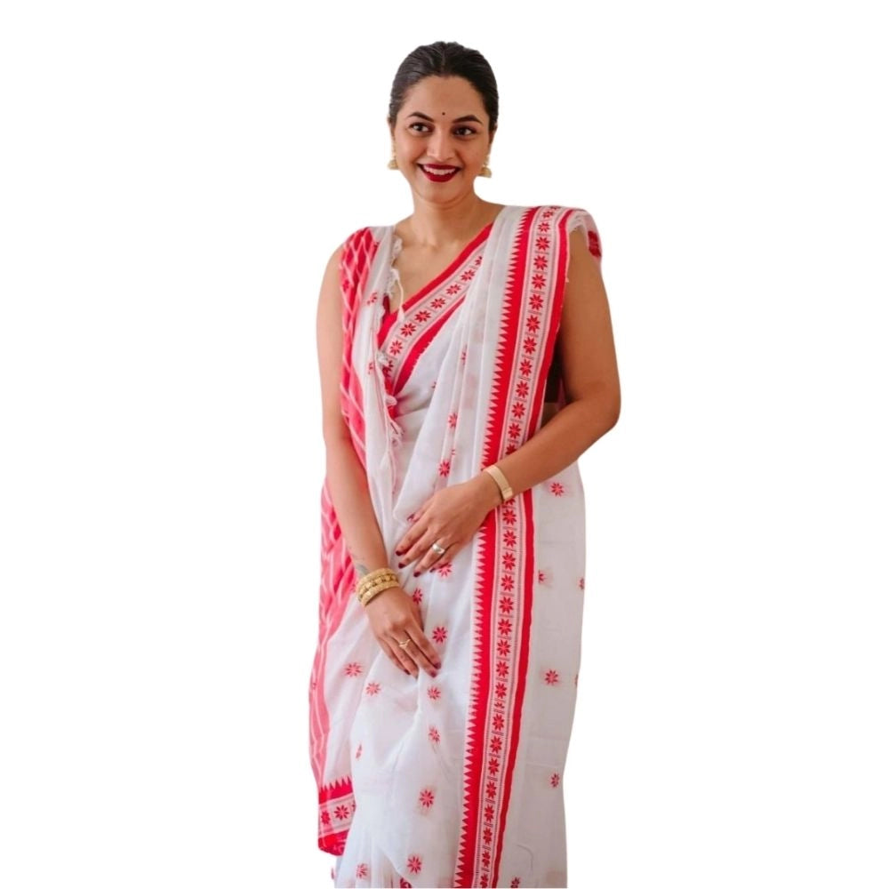 White & Pink Cotton Printed Saree