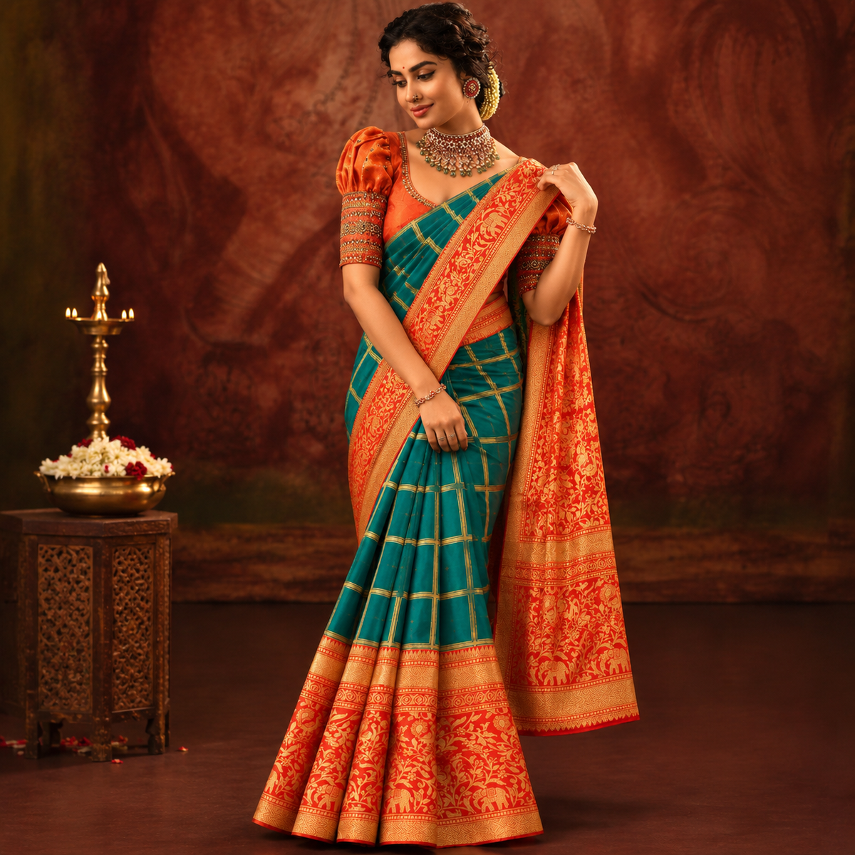 Orange & Teal Silk Saree