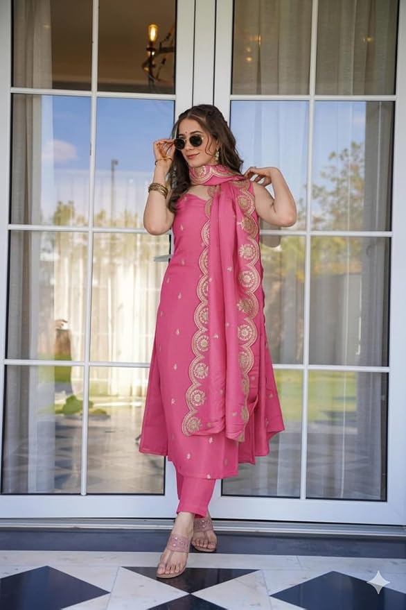 Pink Embroidered Kurta and dupatta with Palazzo Set