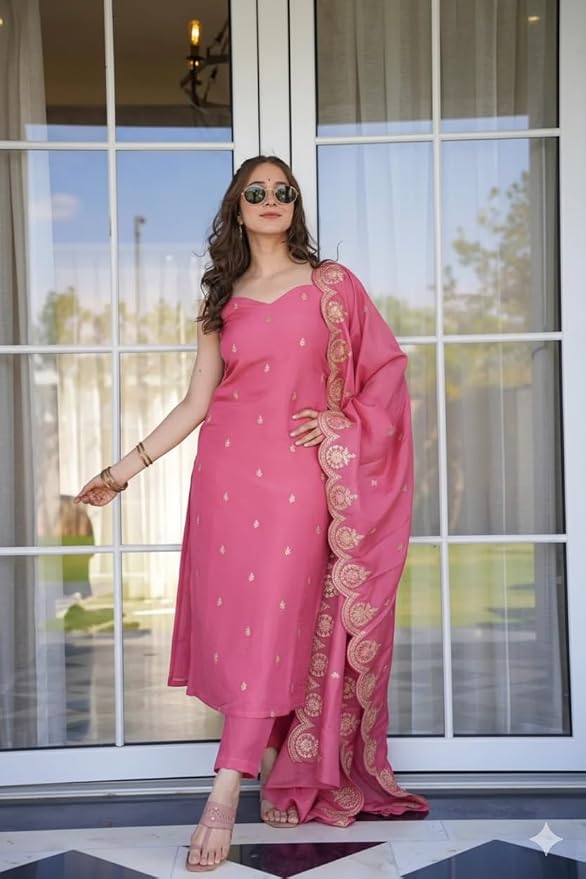 Pink Embroidered Kurta and dupatta with Palazzo Set