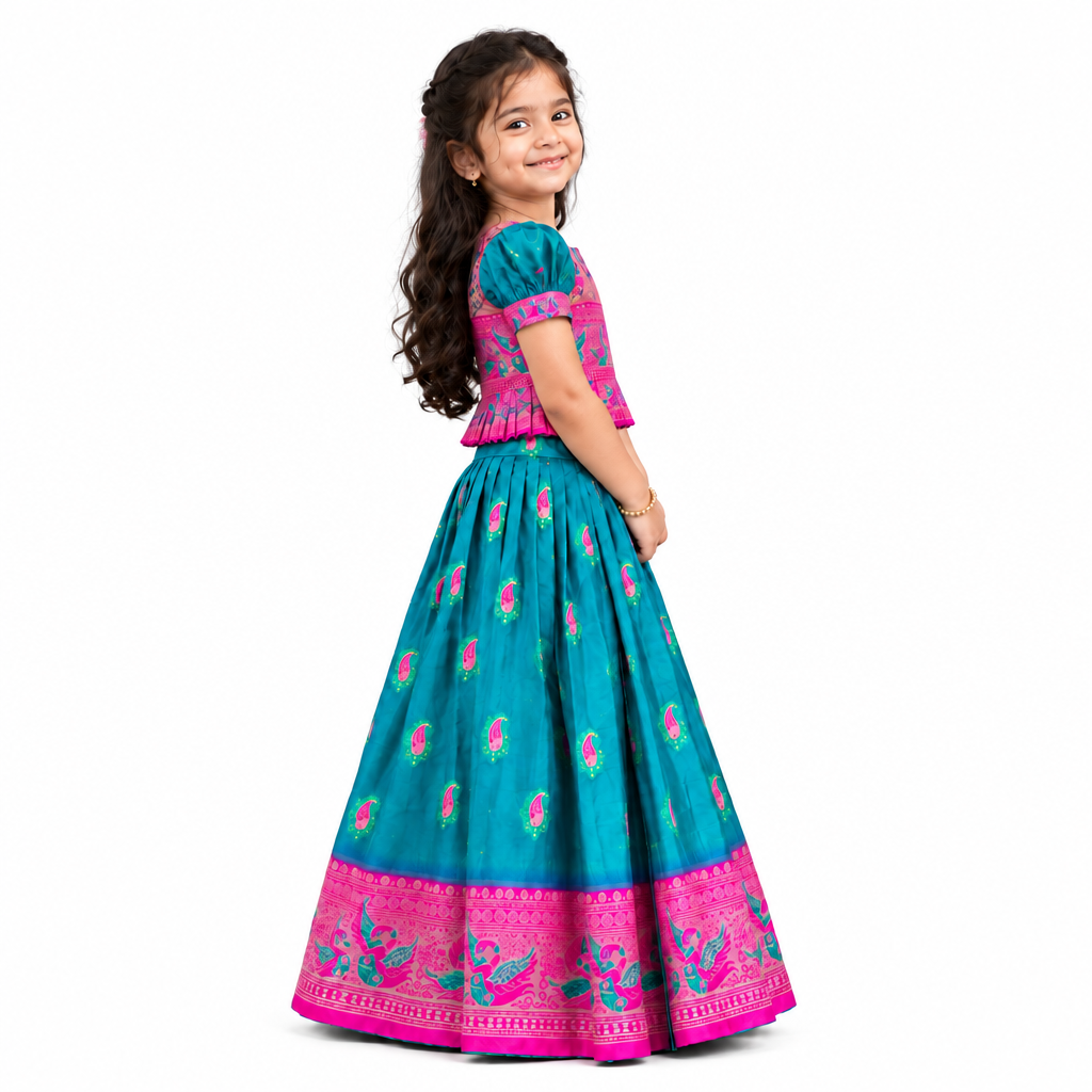 Kids Teal & Pink Silk Pattu lehenga and Blouse set