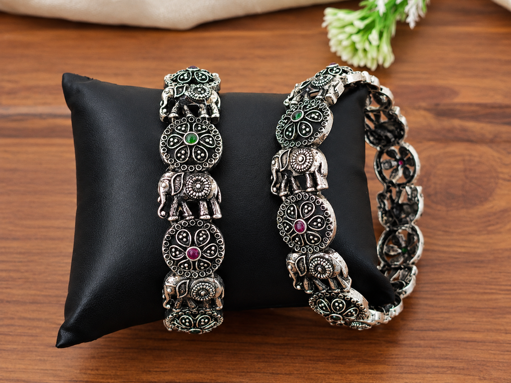 Heritage Elephant Oxidized Silver Bracelet