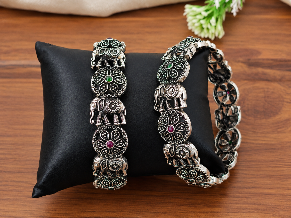 Heritage Elephant Oxidized Silver Bracelet
